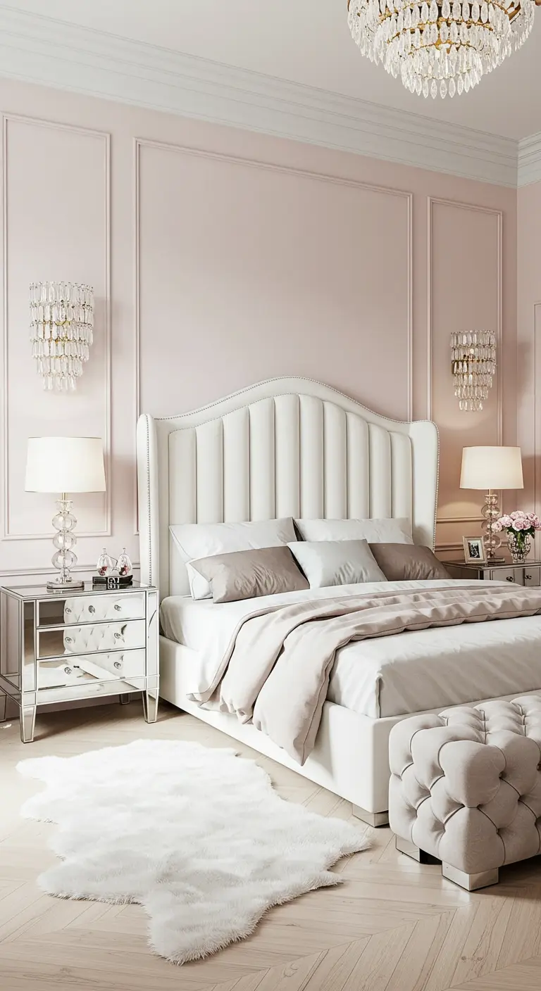 Elegante roze slaapkamer met wit hoofdbord en spiegelende nachtkastjes.