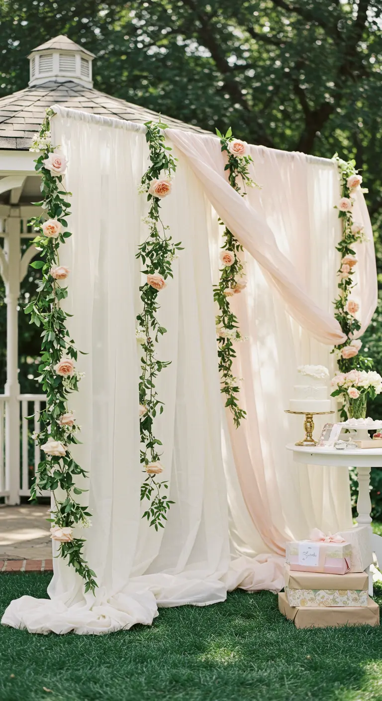 Witte en roze doeken met guirlandes van rozen bij een tuinpaviljoen.