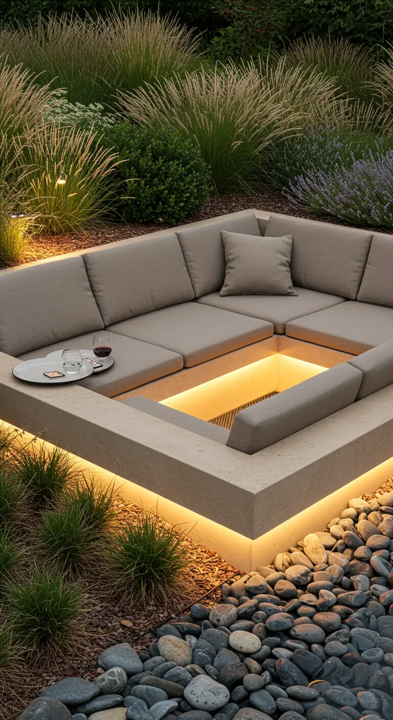 Verlaagde loungehoek van beton met ingebouwde vuurplaats en ledverlichting onder de rand.