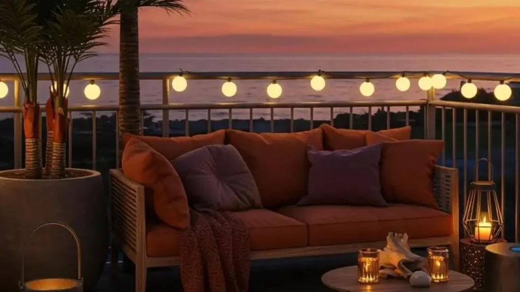 Sfeervol houten balkon met strandgevoel en zeezicht bij zonsondergang. Creëert relaxte surfvibes.
