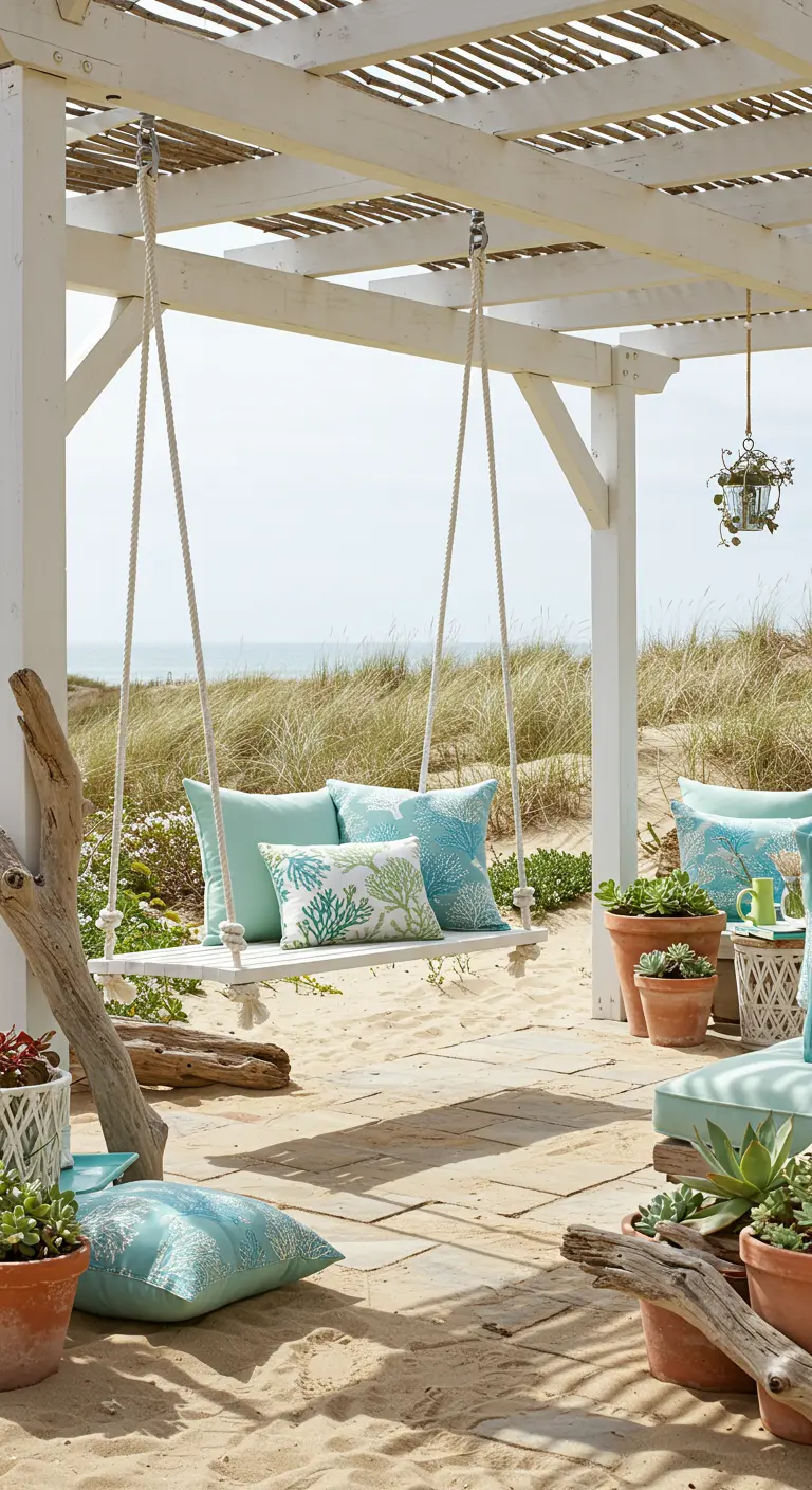Witte schommelbank met mintgroene kussens onder een houten pergola op een zanderige patio.
