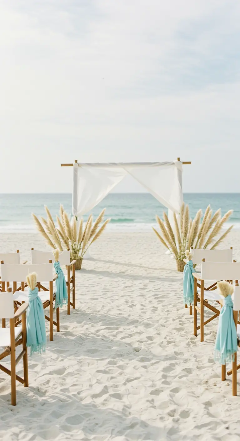 Strandceremonie met witte regisseursstoelen en lichtblauwe doeken die aan de zijkant hangen.