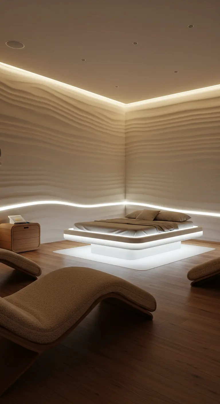 Slaapkamer in zandkleuren met golvende muurtextuur, witte LED-lijn en zwevend bed.