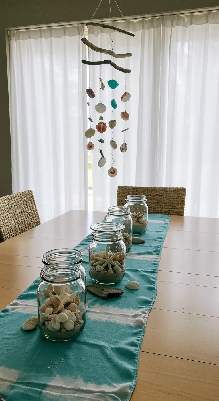 Tafel met potten vol schelpen en een schelpenmobiel erboven.