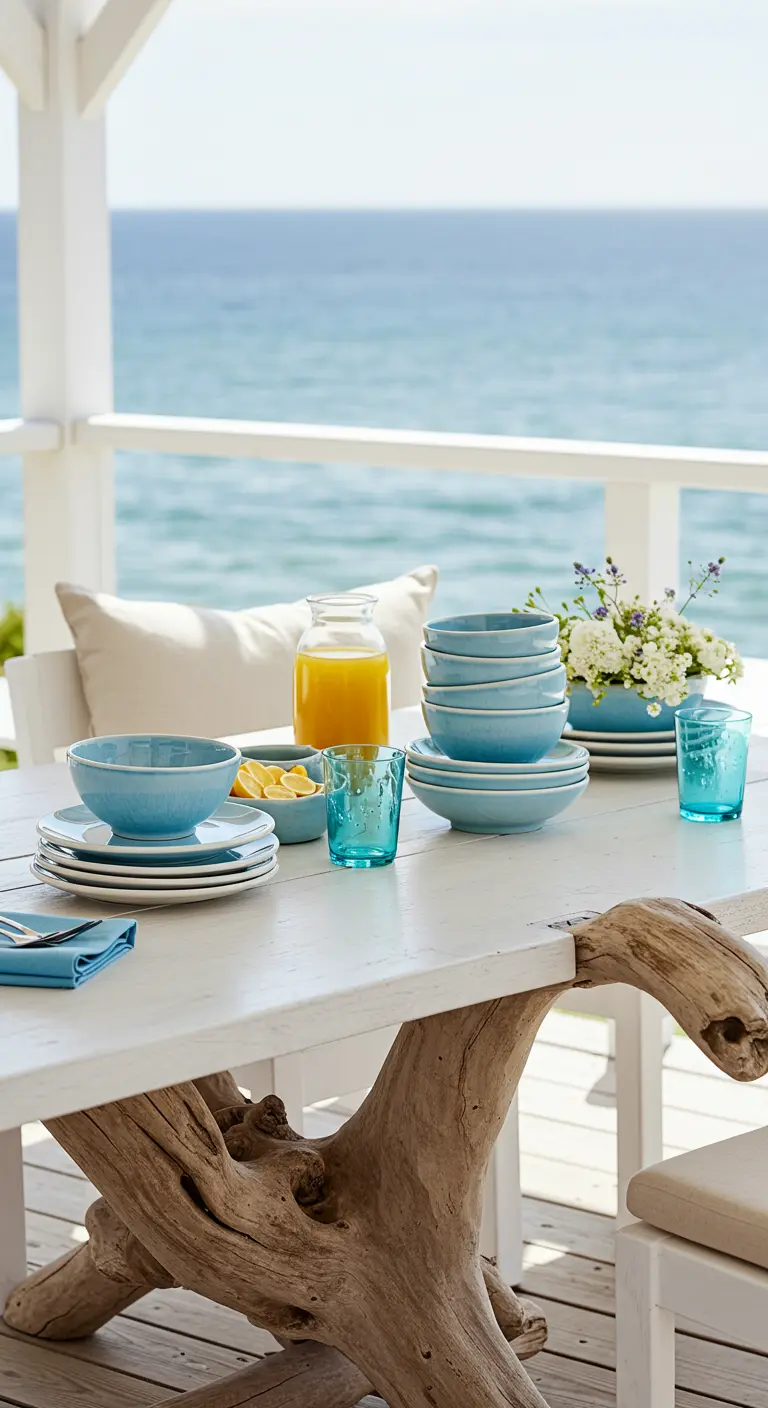 Gestapeld blauw servies op een witte tafel met uitzicht op zee.