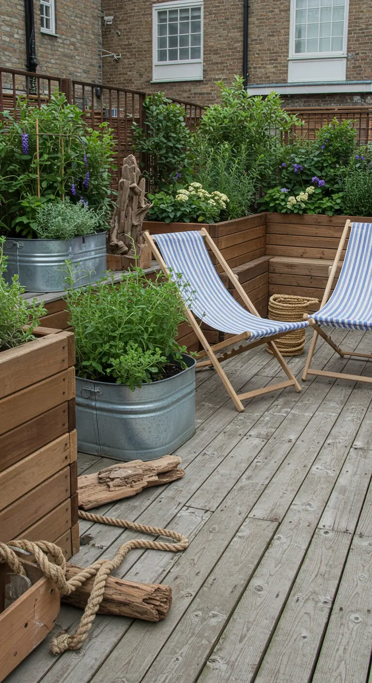 Stadstuin met gestreepte strandstoelen, drijfhout en dik touw.