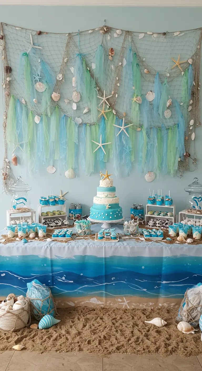 Visnet met schelpen en blauwgroene linten als backdrop voor een zeethemafeest.