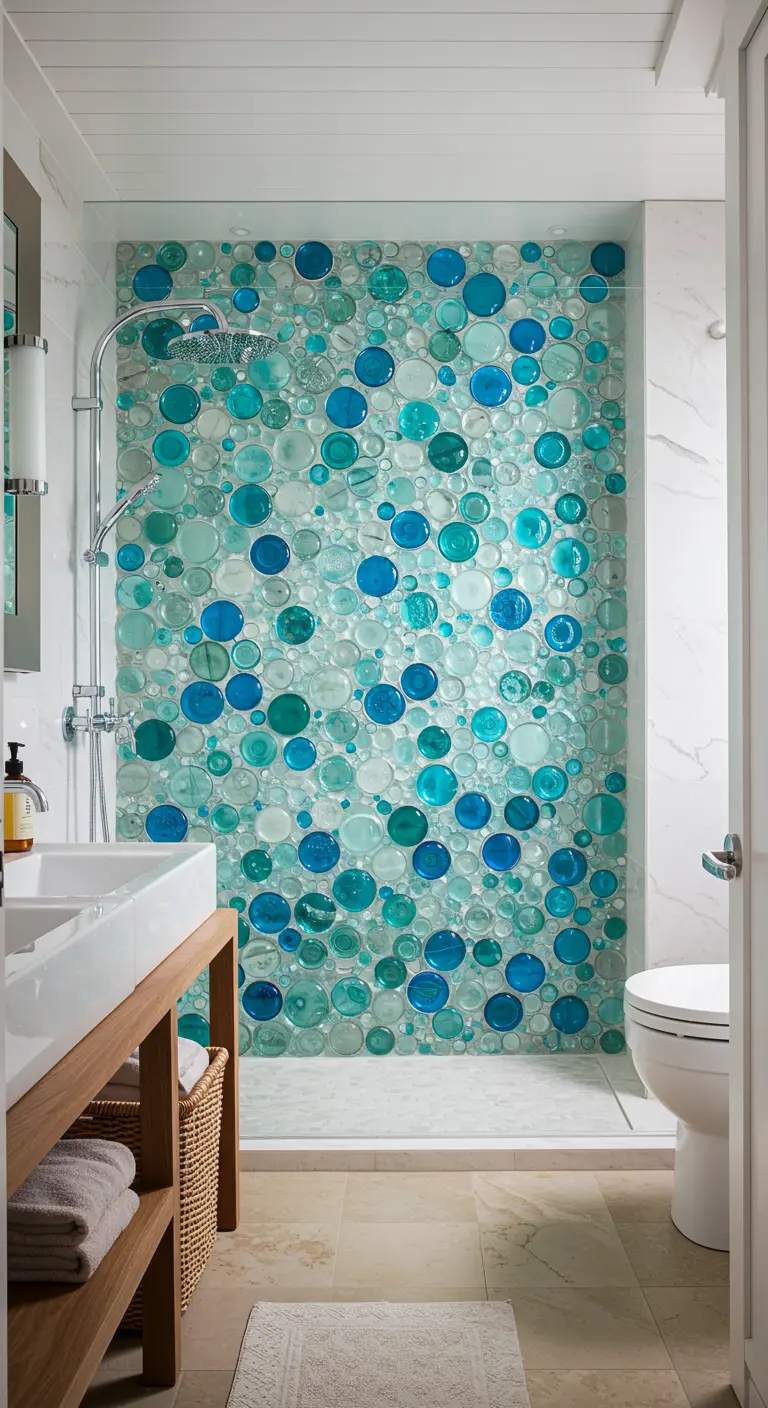 Douchewand bekleed met ronde, doorschijnende glazen mozaïektegels in blauw- en groentinten.