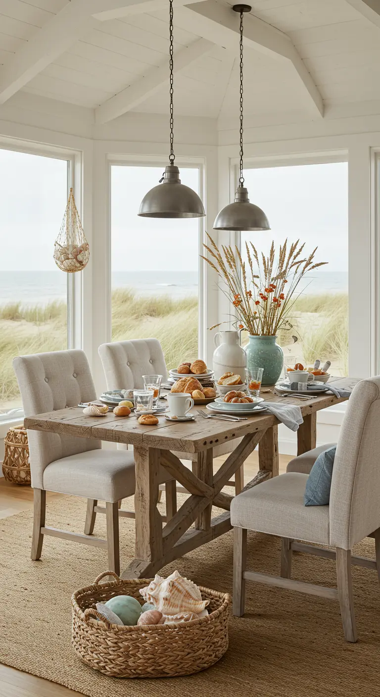 Eetkamer met zeezicht, houten tafel, schelpen en herfstgras decoratie.