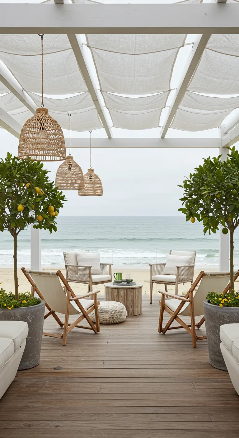 Terras met houten meubels en uitzicht op zee, geflankeerd door citroenbomen in potten.