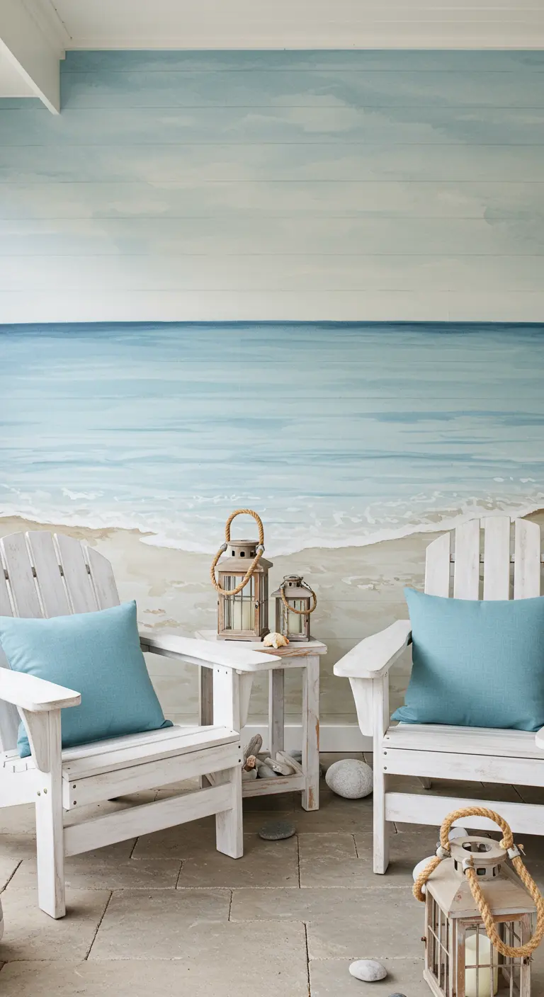 Veranda met een muurschildering van een kalm strand en witte houten stoelen