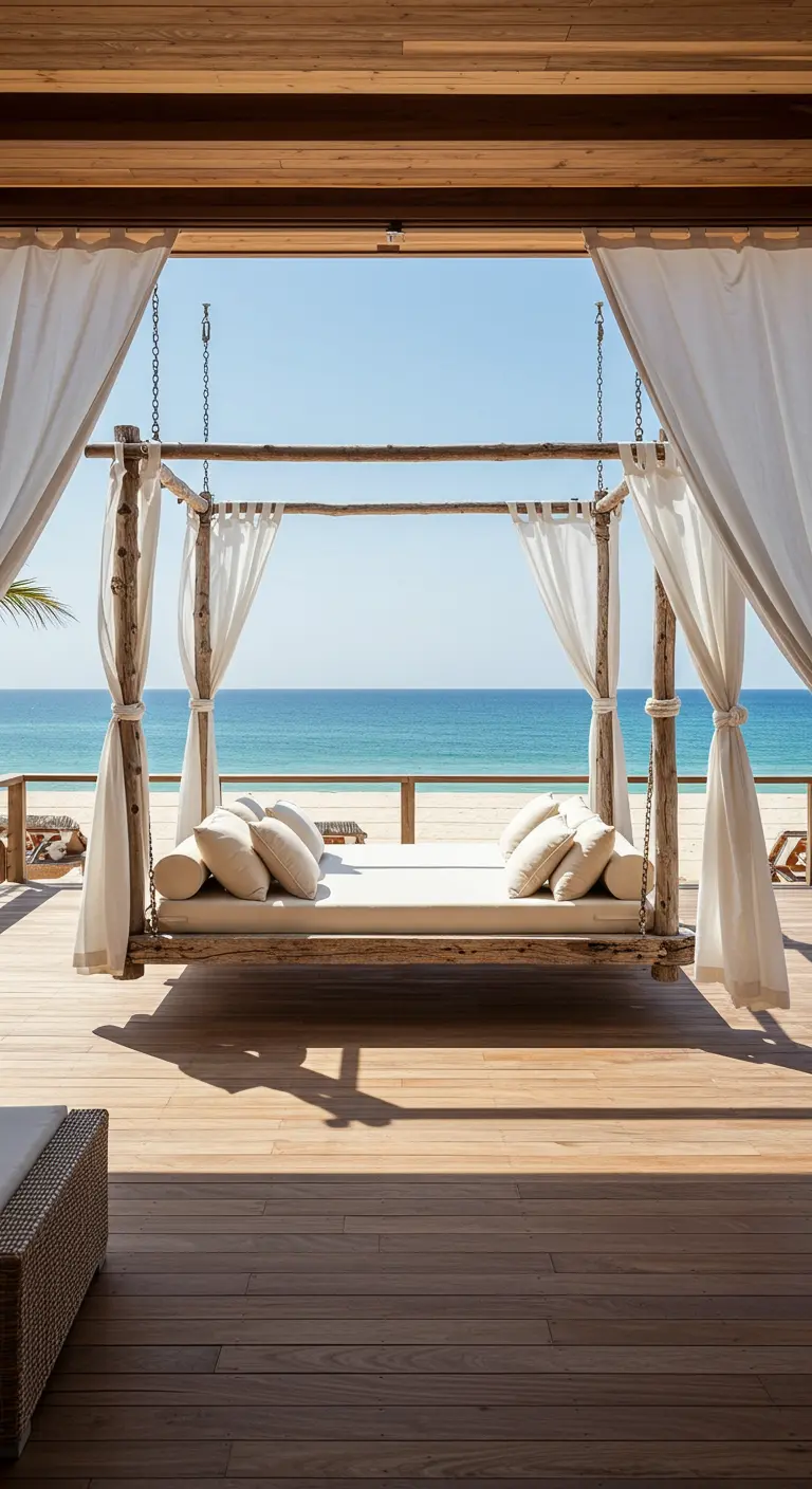 Zwevend houten bed met witte gordijnen op een houten terras met uitzicht op de oceaan.