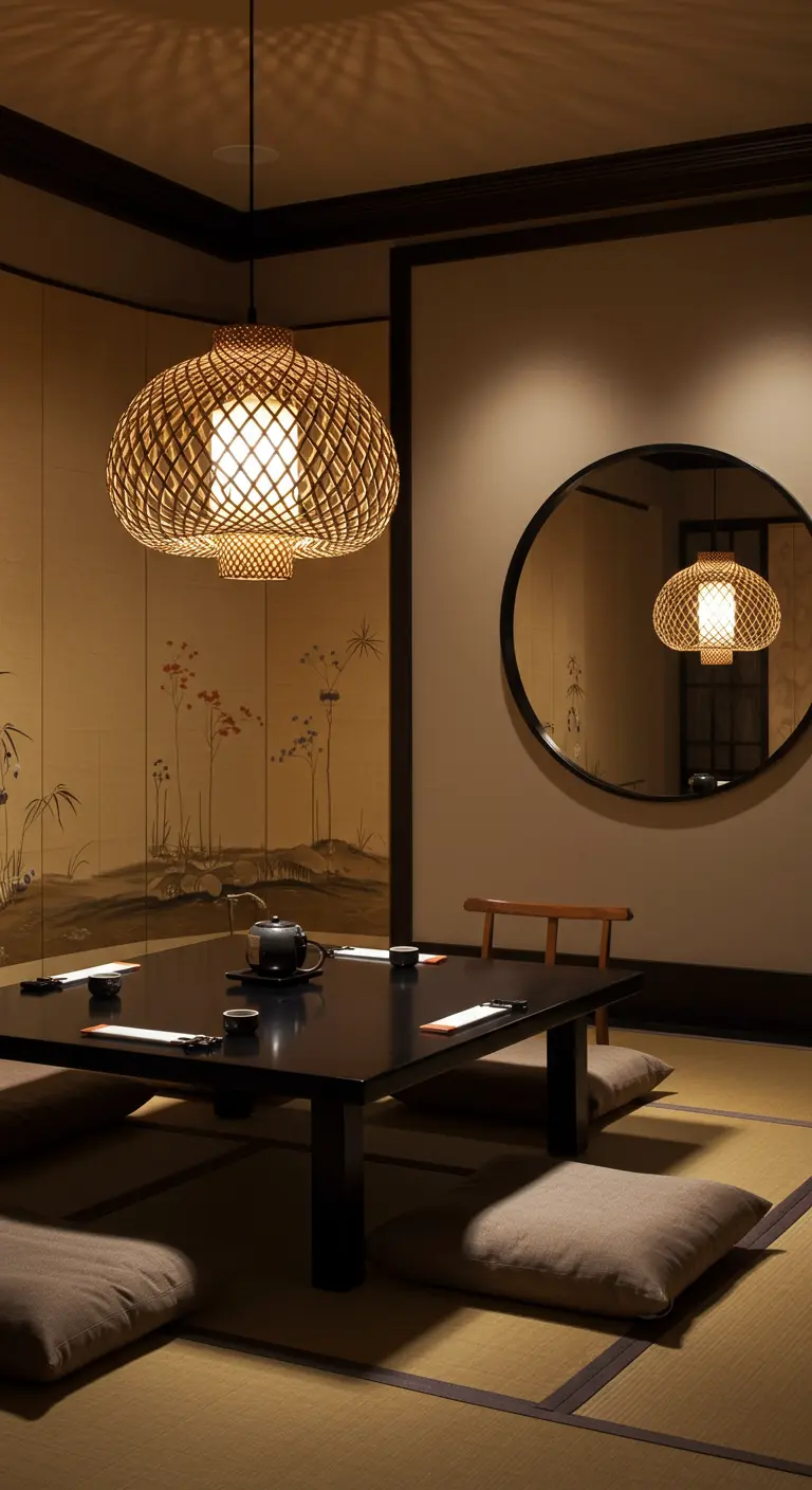 Japanse eethoek met een lage zwarte tafel, zitkussens en een gevlochten bamboe lamp.