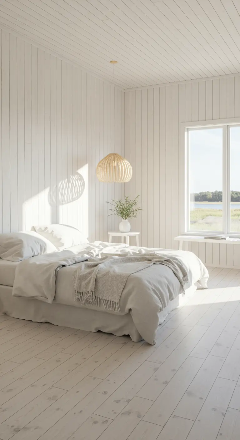 Slaapkamer met wit houten panelen, lichte houten vloer, wit bed en houten hanglamp.