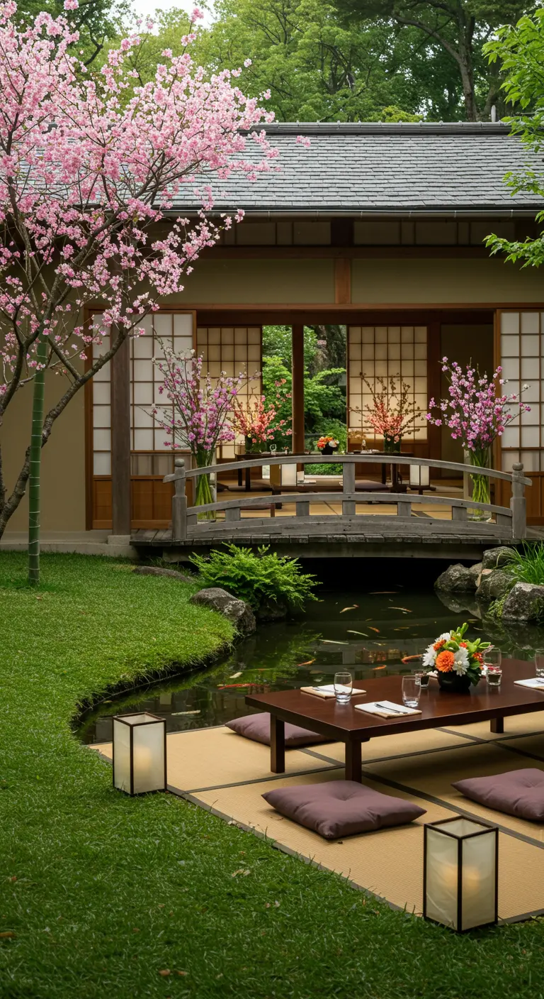 Bruiloftsreceptie in Japanse tuin met lage tafels, kussens op de grond en kersenbloesem.