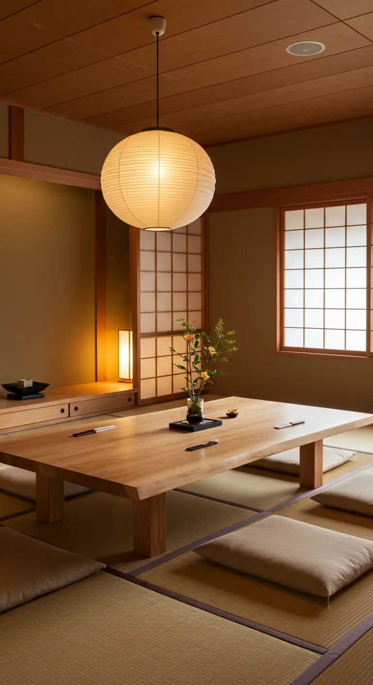 Japanse eetkamer met lage houten tafel, zachte kussens en papieren hanglamp.
