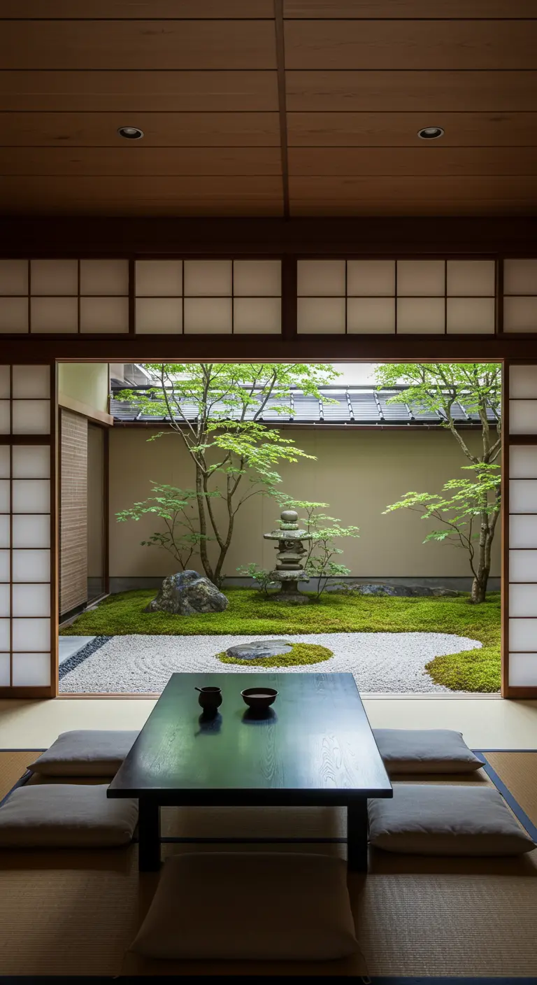 Japanse eetkamer met lage tafel en kussens, met open schuifdeuren naar een zen-tuin.