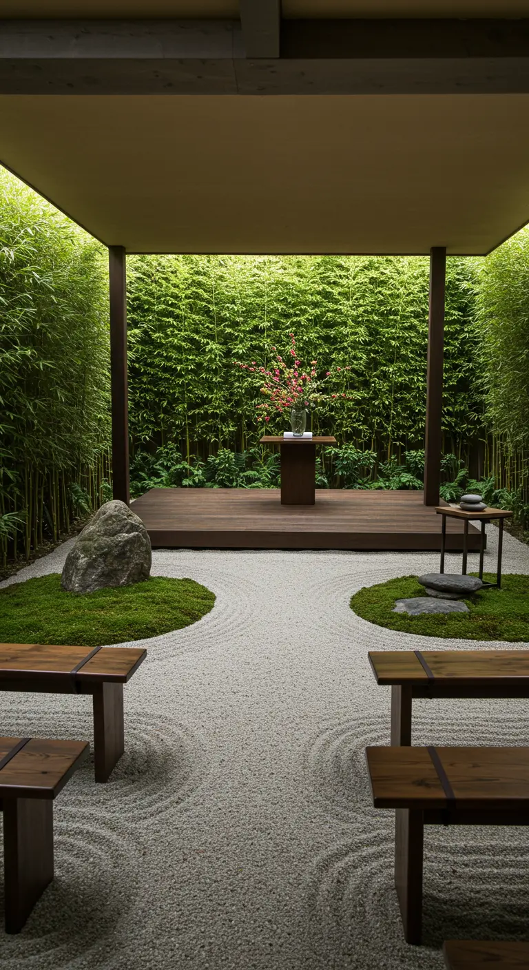 Minimalistische ceremonieplek in een bamboetuin met geharkte kiezelpaden en houten bankjes.