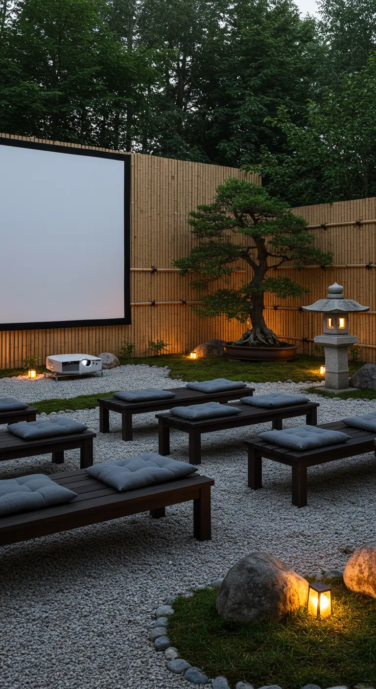 Buitenbioscoop in Japanse stijl met houten bankjes, grind, bamboe en een bonsaiboom.