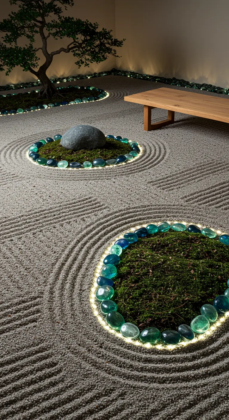 Zen tuin met grindpatronen, mosvlakken en ronde vormen, verlicht door ingelegde glazen stenen met interne verlichting.