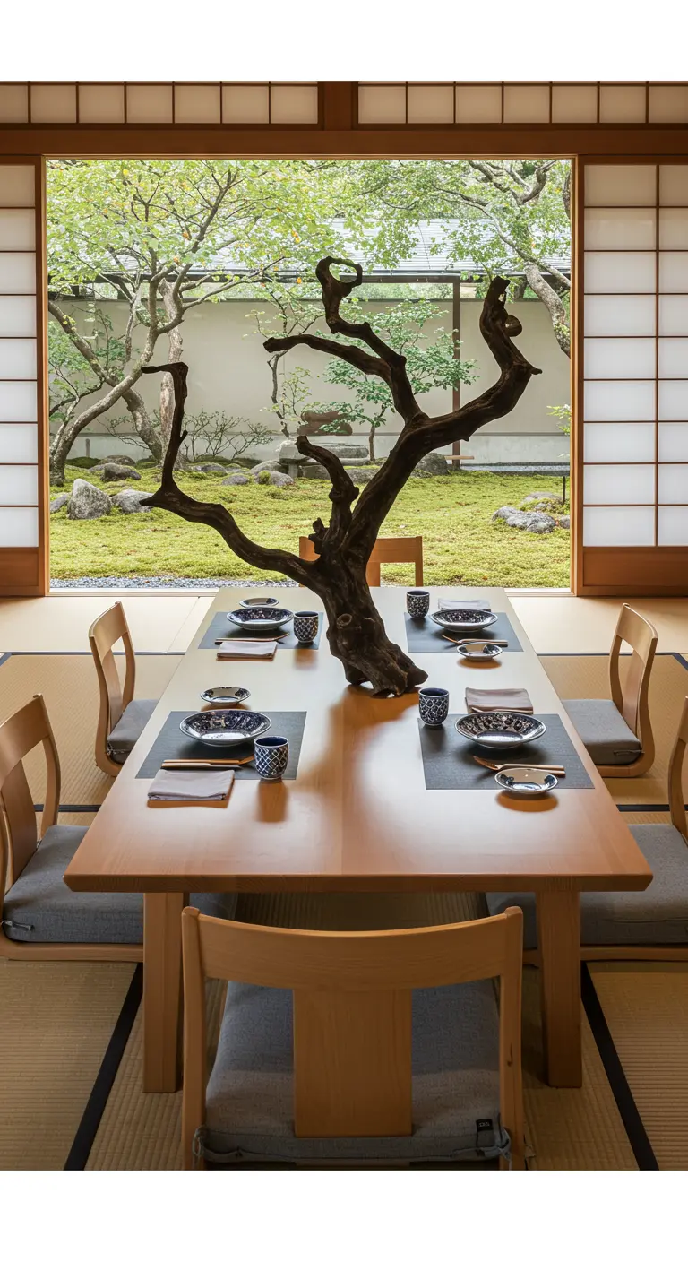 Minimalistisch gedekte lage tafel met een sculpturale tak als middelpunt en uitzicht op een Japanse tuin.