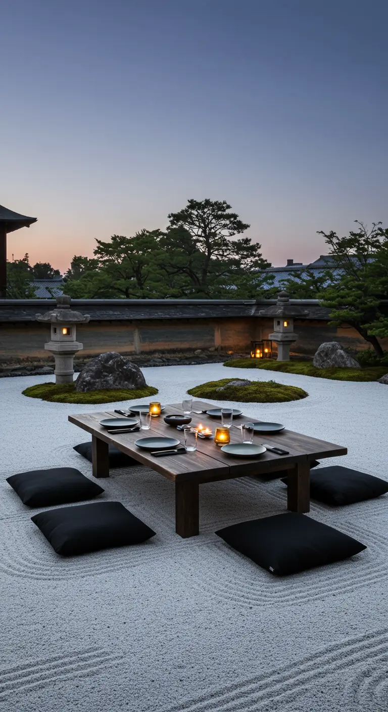 Lage houten tafel met kussens en kaarslicht in een Japanse zentuin.