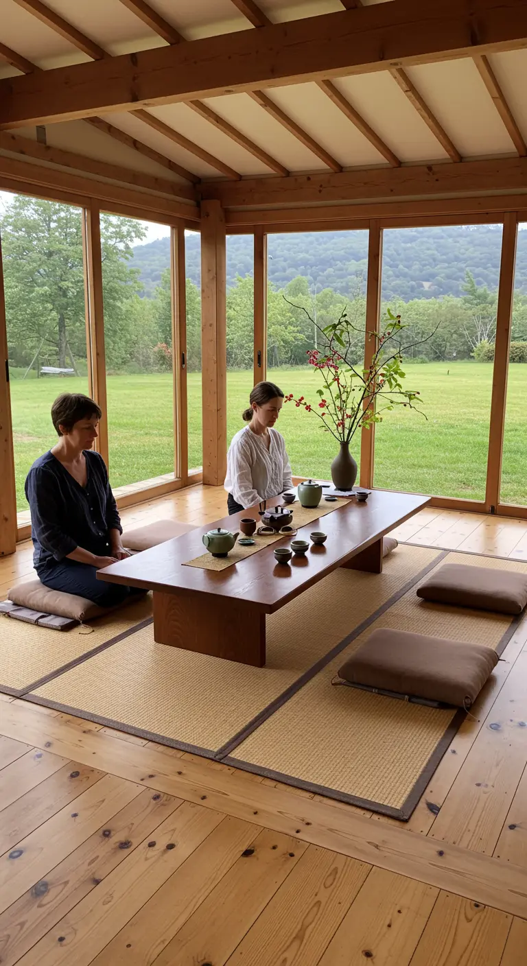 Twee vrouwen bij een lage tafel op tatami matten, met uitzicht op een groene tuin.