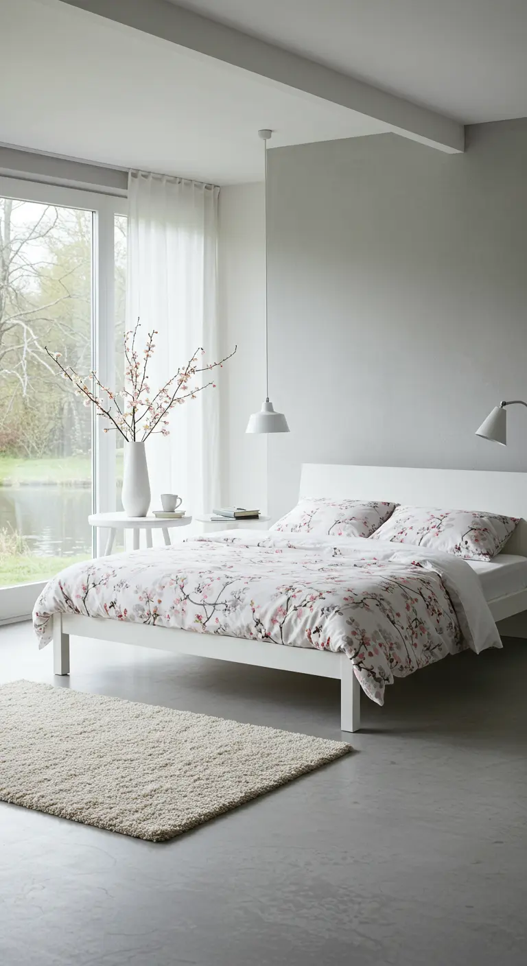 Serene slaapkamer met lichtgrijze muren, kersenbloesem beddengoed en minimalistische meubels.