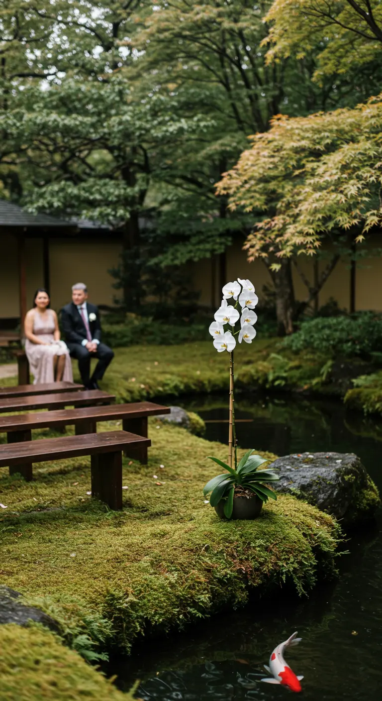 Intieme ceremonie-opstelling in Japanse tuin met een enkele orchidee en een koivijver.