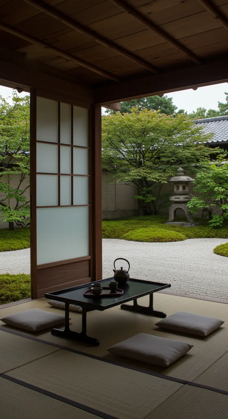 Lage, zwarte tafel in Japanse stijl met theeset, met uitzicht op een serene zentuin.