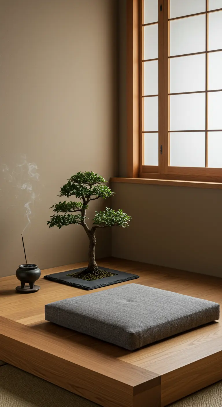 Minimalistische Japanse hoek met een vloerkussen, een bonsaiboom en een wierookhouder op een houten platform.