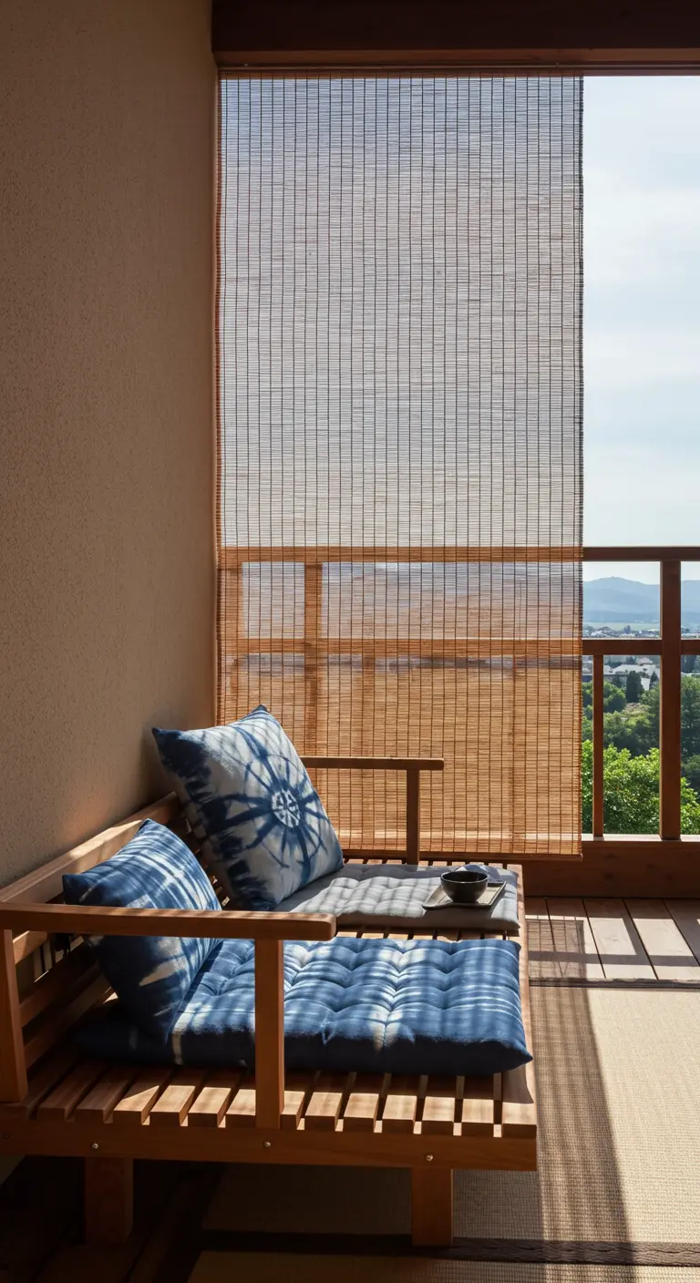 Japans geïnspireerd balkon met houten bank, Shibori-kussens en een bamboe rolgordijn.