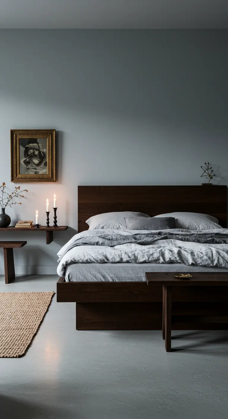 Minimalistische slaapkamer met donkerhouten bed, lichtgrijze lakens en kaarsen.