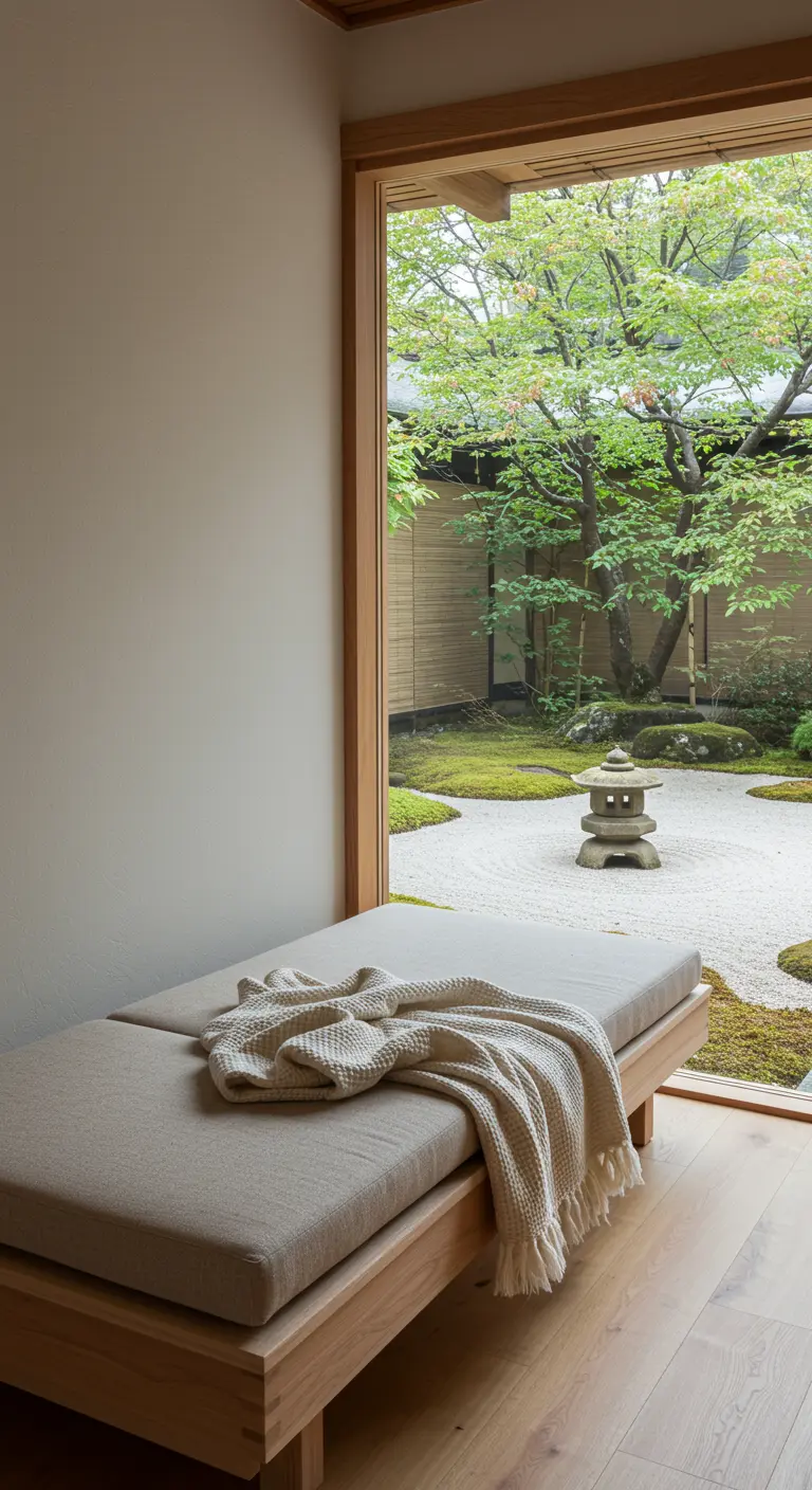 Minimalistische houten zitbank met uitzicht op een Japanse zentuin.