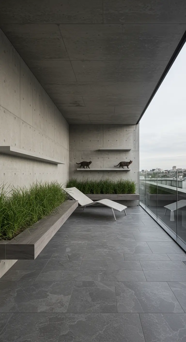 Twee katten op een minimalistisch betonnen balkon met siergras en strakke lijnen.