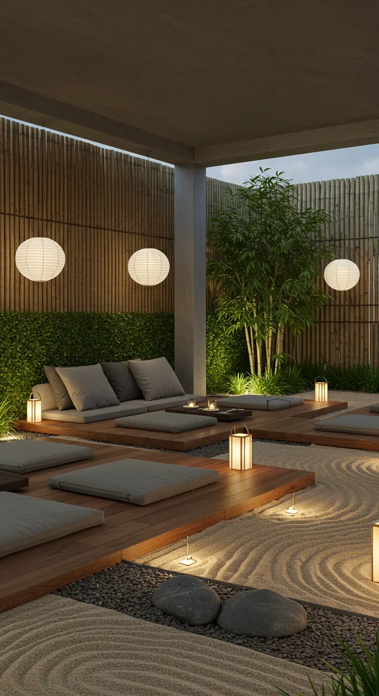 Zen tuin met lage houten platforms, zandpatronen, bamboewand en ronde papieren lantaarns voor een rustgevende sfeer.