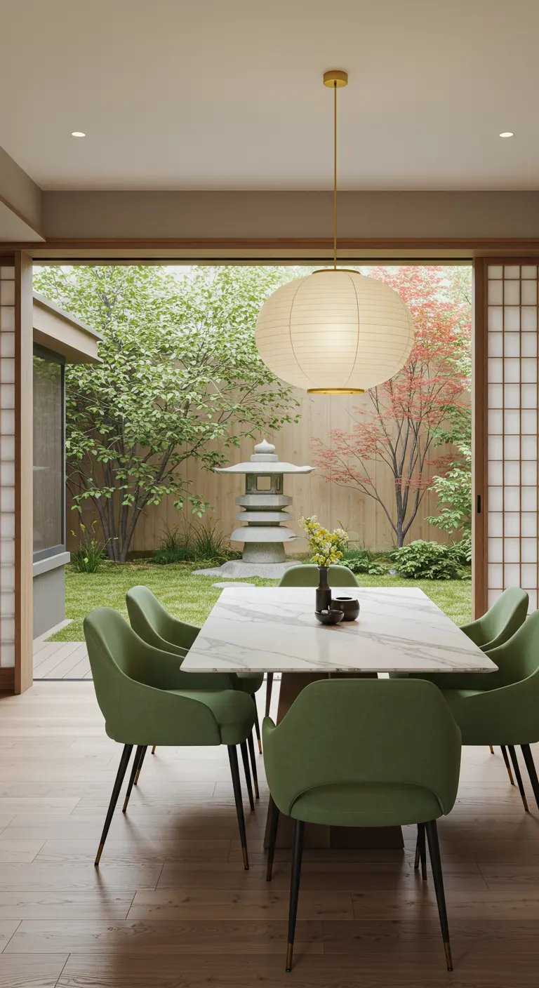 serene eetkamer met olijfgroene stoelen en uitzicht op een japanse tuin door grote schuifdeuren.