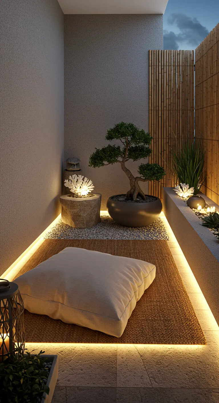 Zen balkonhoek met laag kussen, bamboe scherm, sfeerverlichting en minimalistische planten.
