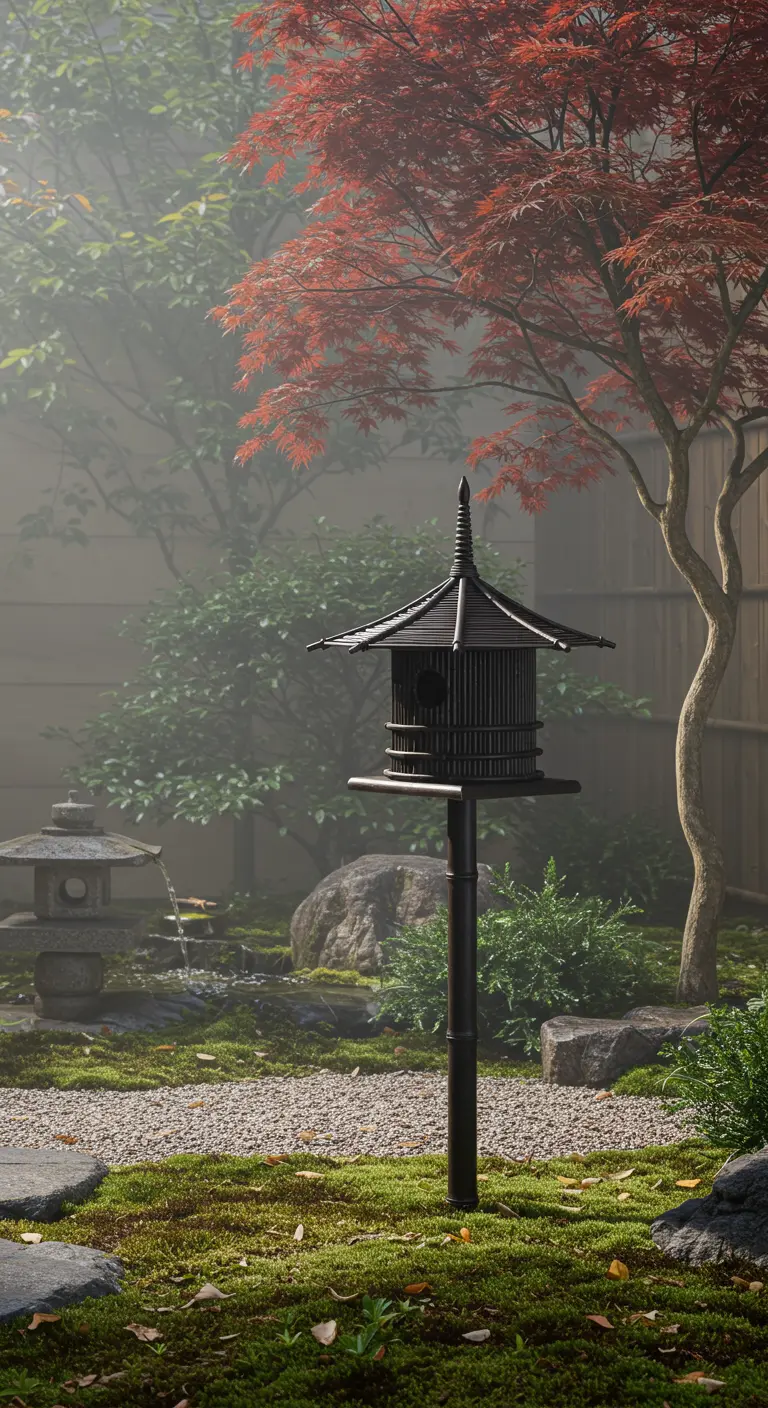 Pagode-stijl vogelhuisje in een mistige, Japanse zentuin.