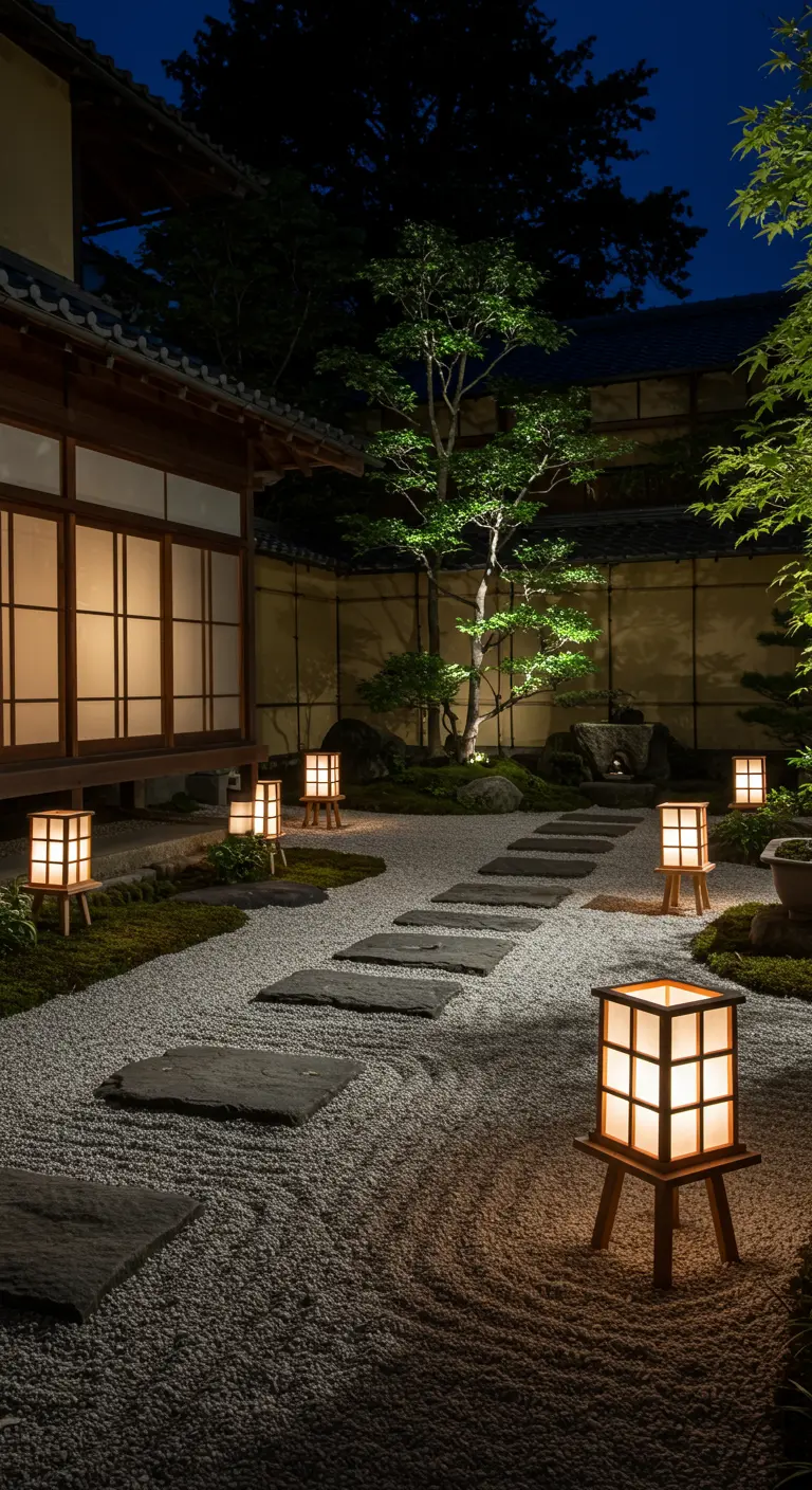 Japanse zentuin met grind en stapstenen, verlicht door strakke, houten lantaarns op lage pootjes.