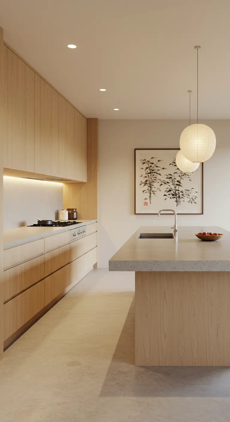 Minimalistische keuken met lichte houten kasten, betonnen eiland en Japanse kunst.