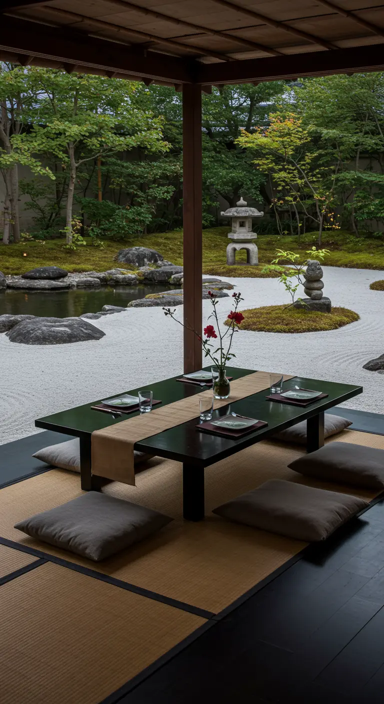 Japanse tuinsetting met een lage tafel op tatami-matten en uitzicht op een zentuin.