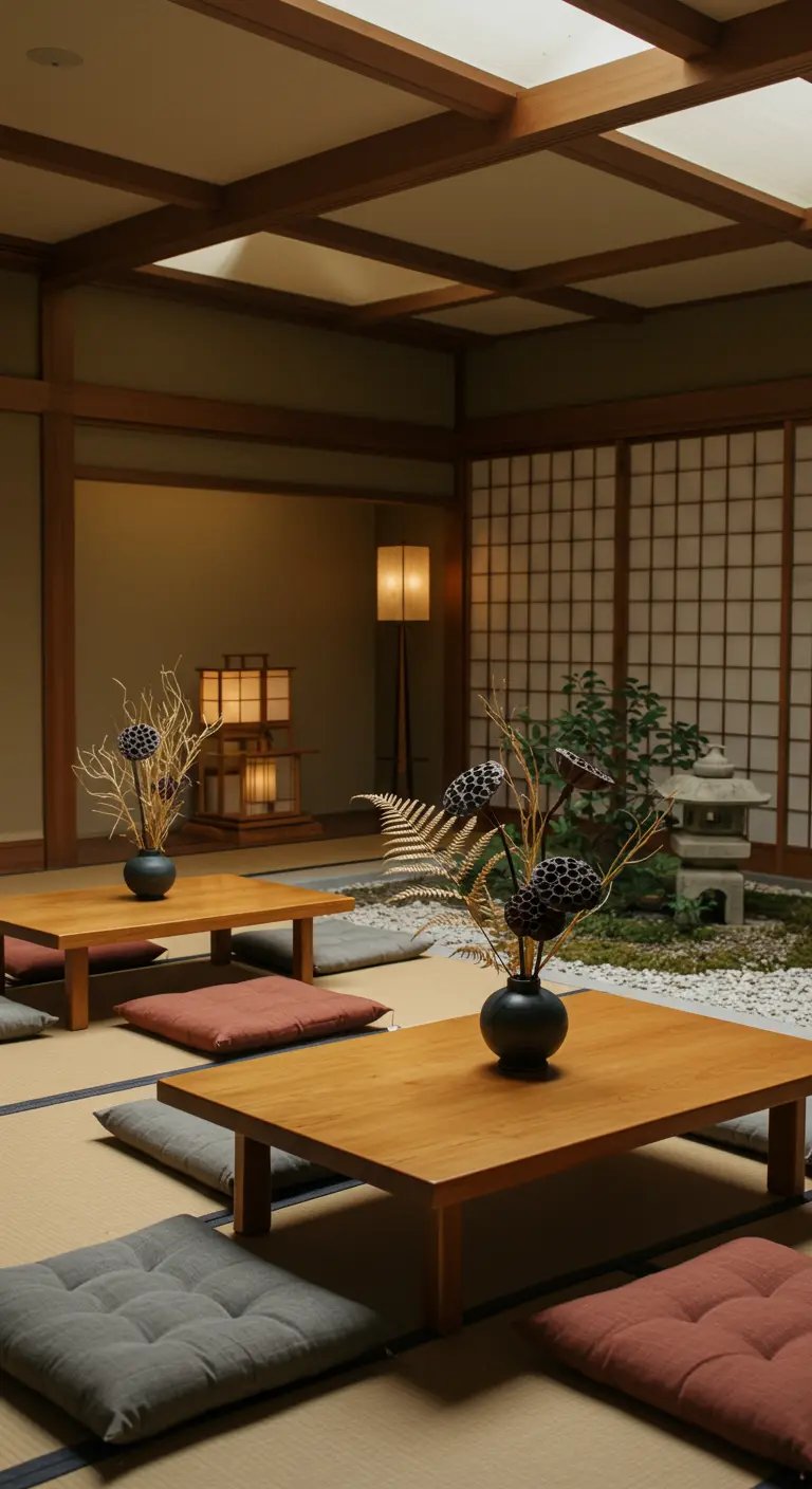 Minimalistische Japanse setting met een vaas met enkele gedroogde takken en lotusbollen.