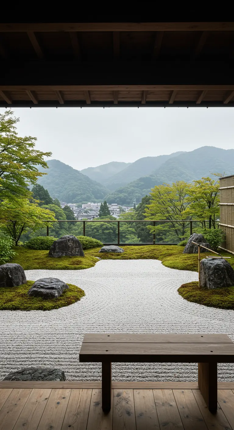 Uitzicht vanuit een houten veranda op een Japanse zentuin met bergen op de achtergrond.