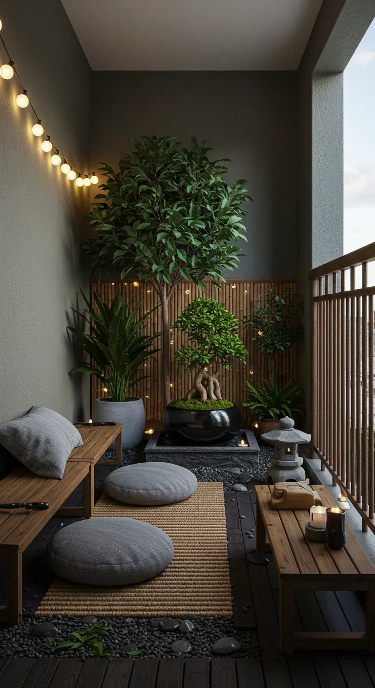 Klein balkon met bonsaiboom, zithoek met lage kussens, bamboewand en kiezelstenen op de vloer.