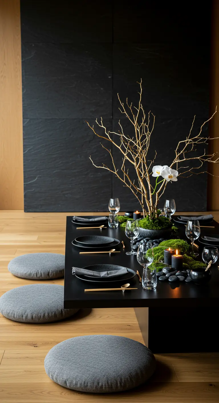 Japanse tafelsetting met een minimalistisch centerpiece van mos en een gouden tak.