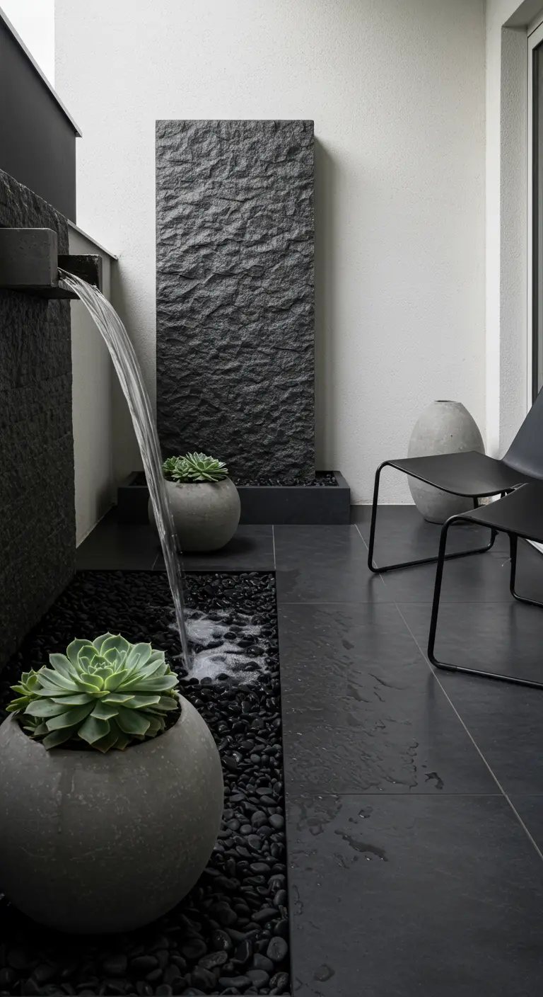 Moderne patio met zwarte leistenen waterval en betonnen potten met vetplanten.