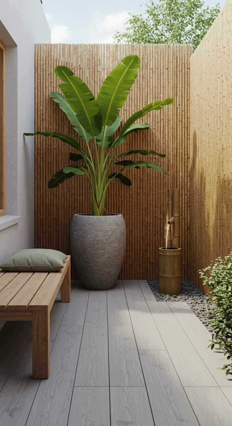 Minimalistisch balkon met bamboeschutting, bananenplant in stenen pot en een houten bankje.
