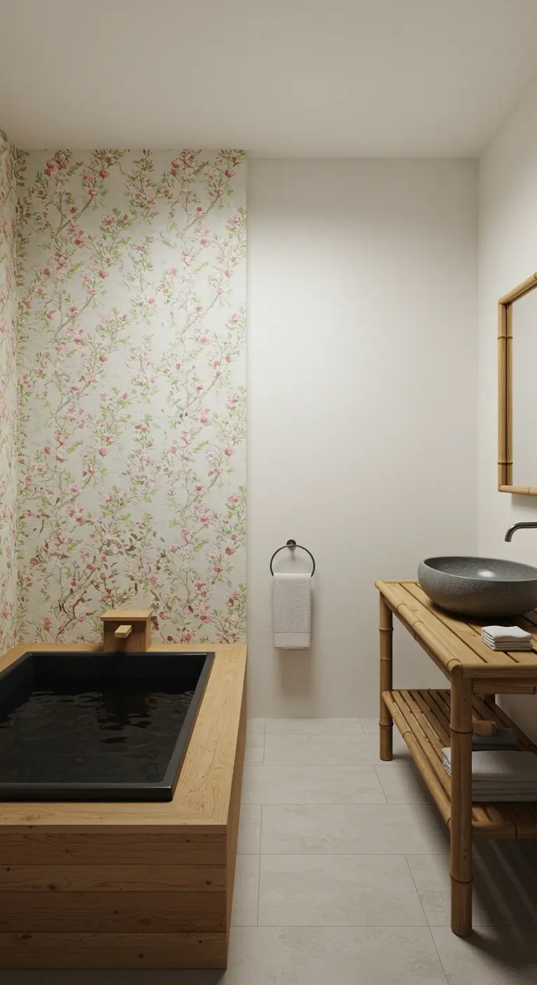 Japanse stijl badkamer met een houten bad en een accentmuur met kersenbloesembehang.