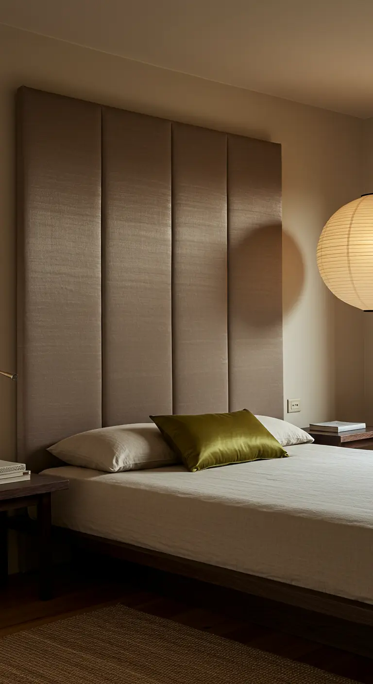 Minimalistische slaapkamer met een hoog, beige gestoffeerd hoofdbord, witte lakens en een olijfgroen kussen.